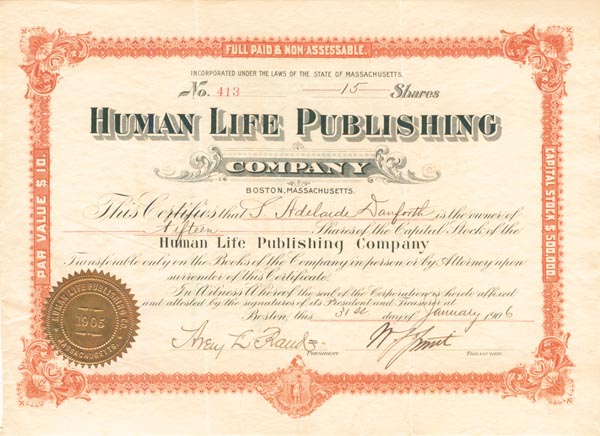 Human Life Publishing Co. - Connection with Arthur Conan Doyle - Stock Certificate